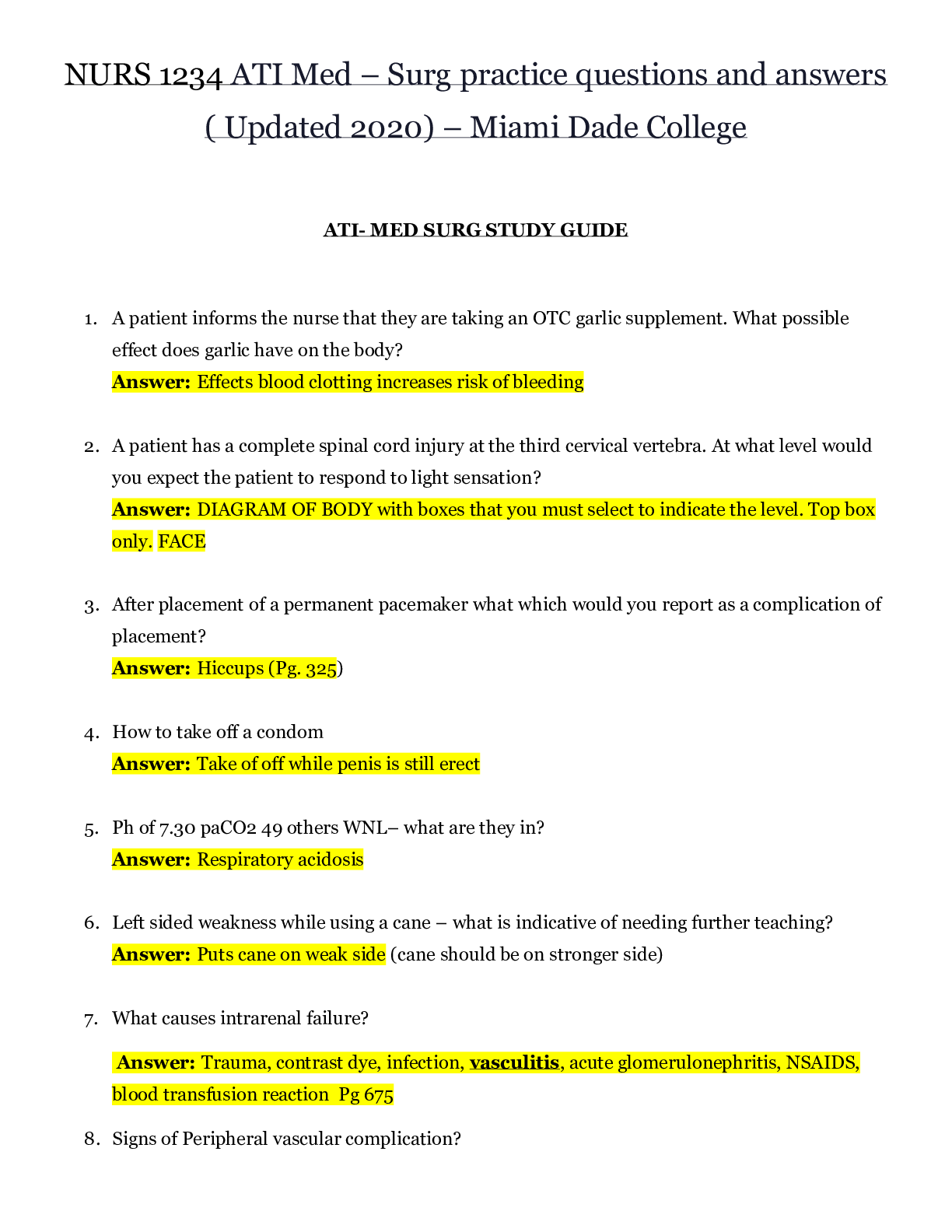 Preview image for NURS 1234 ATI Med – Surg practice questions and answers ( Updated 2020) – Miami Dade College | NURS1234 ATI Med – Surg practice questions and answers - A Grade